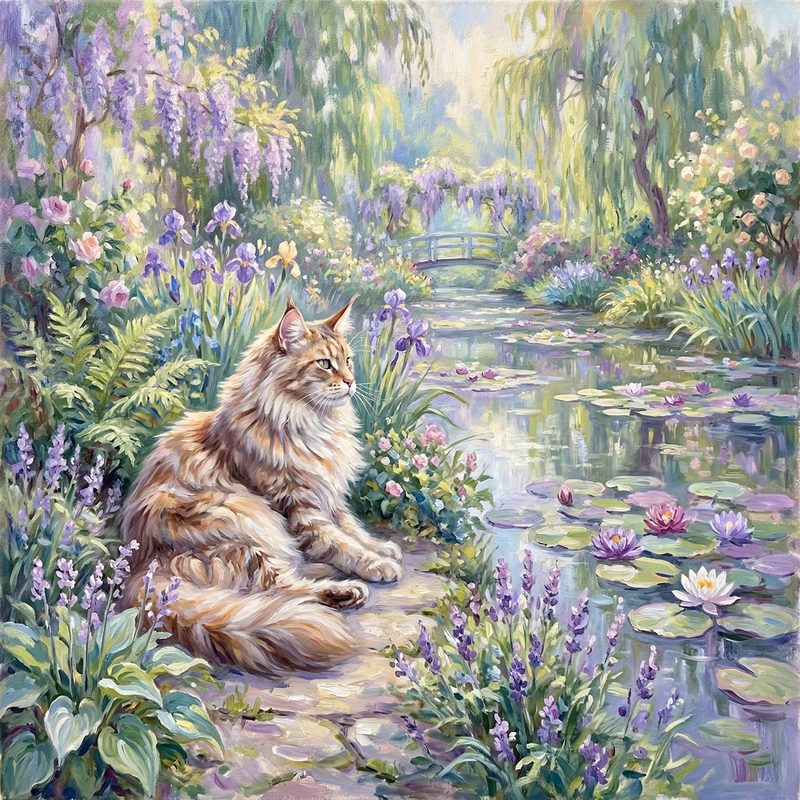 Maine Coon cat in Claude Monet Impressionist style — frameless portrait