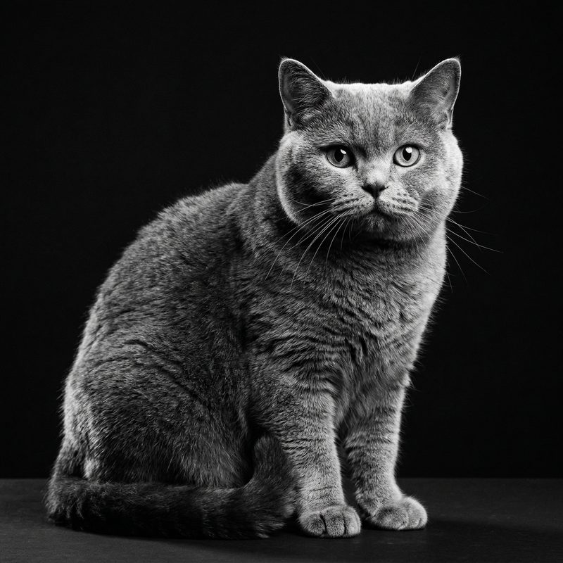 British Shorthair cat in Black & White studio photography — frameless portrait
