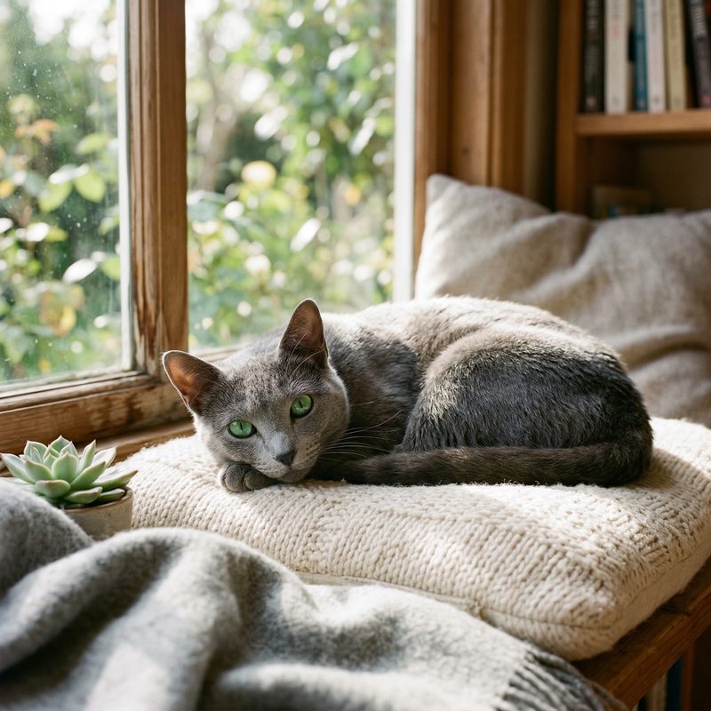 Russian Blue cat by a sunlit window — photorealistic scene portrait