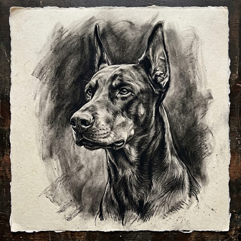 Doberman in Charcoal Drawing style — frameless portrait
