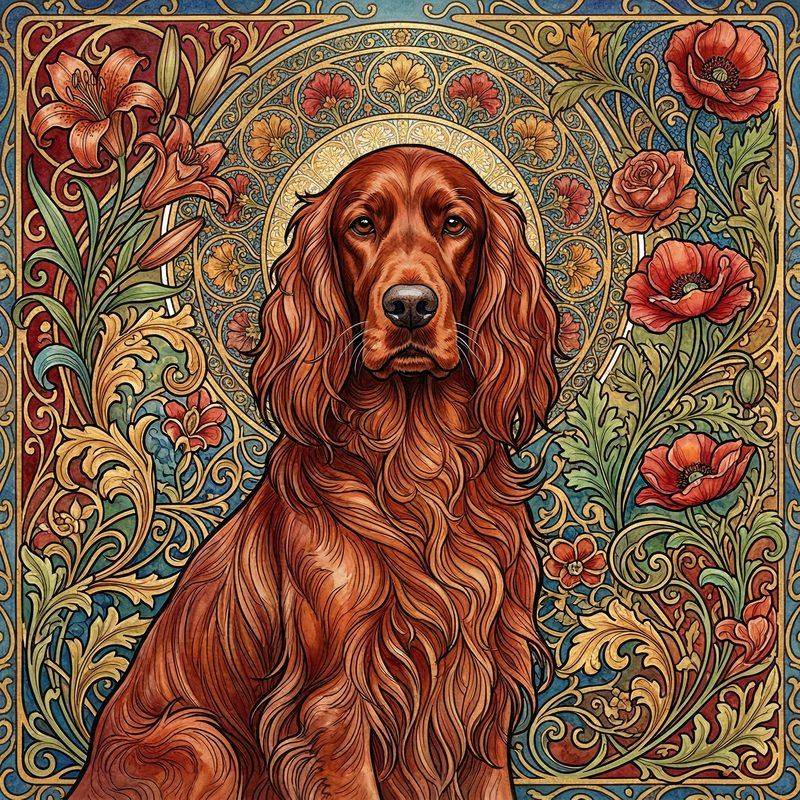 Irish Setter in Alphonse Mucha Art Nouveau style — frameless portrait