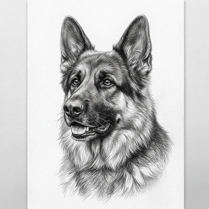 German Shepherd in Pencil Sketch style — frameless portrait