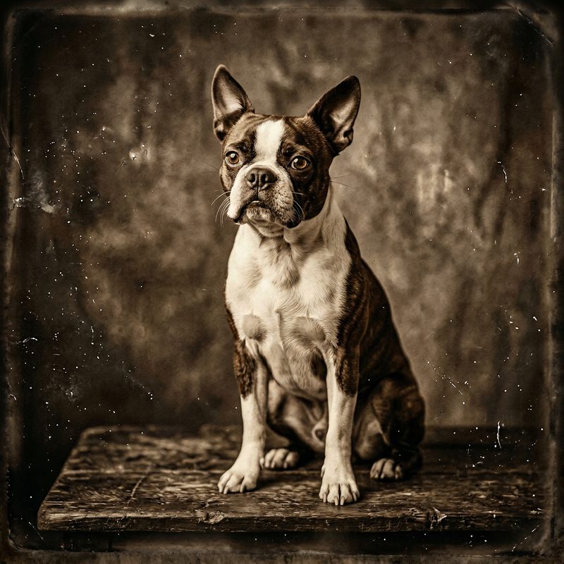 Boston Terrier in Sepia Vintage studio photography — frameless portrait