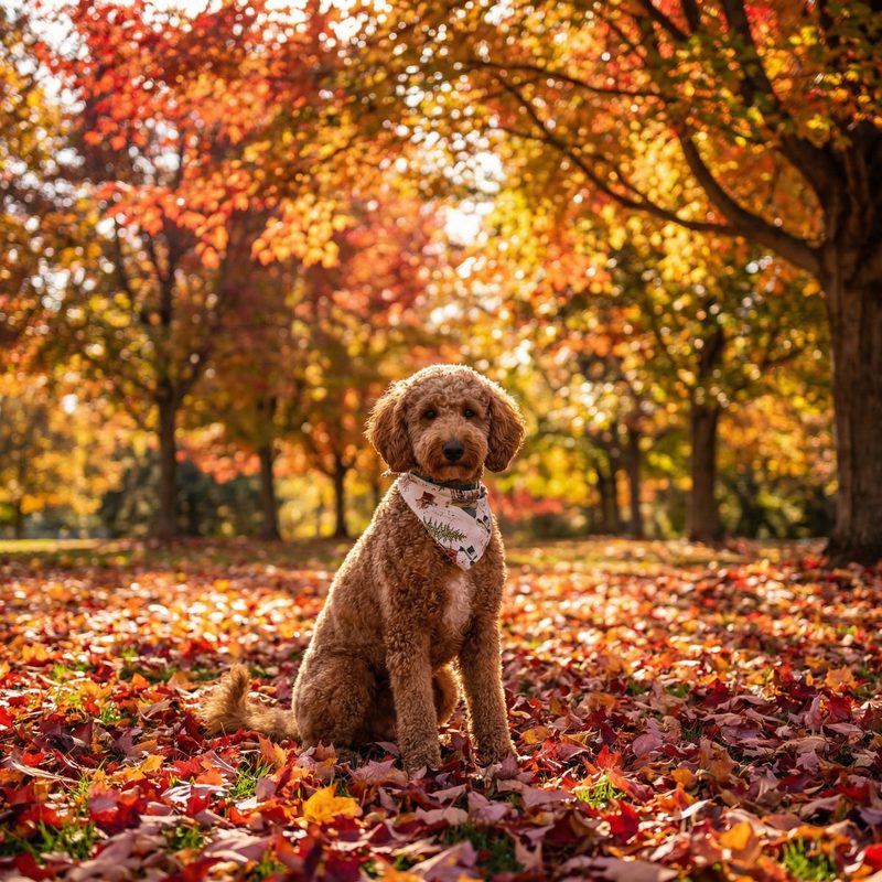 Dog surrounded by autumn leaves — photorealistic scene portrait