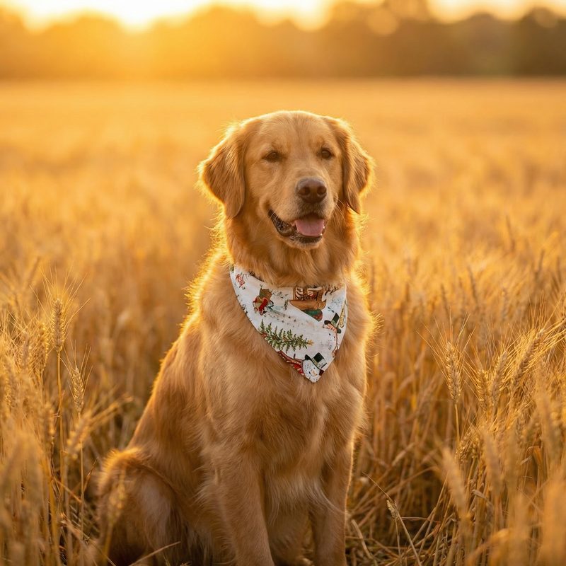 Golden Retriever in a golden hour meadow — photorealistic scene portrait