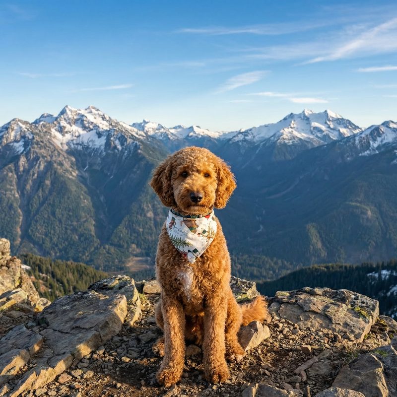 Dog on a mountain trail overlook — photorealistic scene portrait