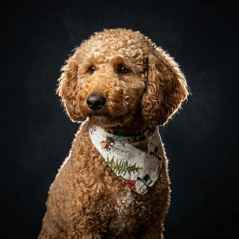 Dog in professional studio setting — photorealistic scene portrait