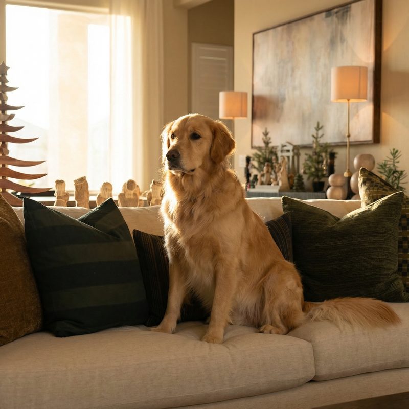 Dog by a sunlit window — photorealistic scene portrait