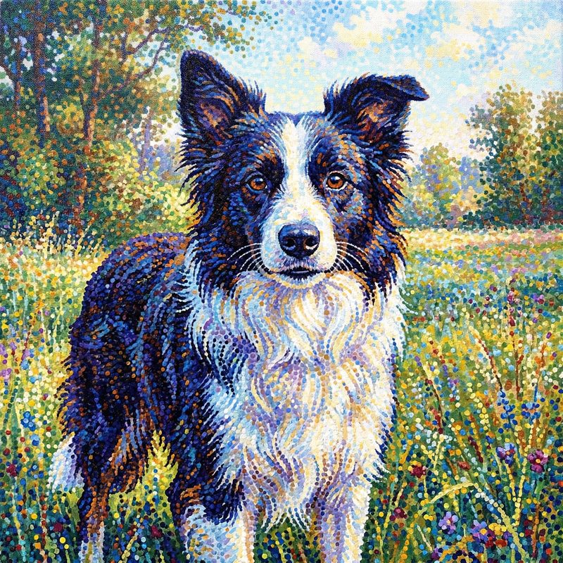 Border Collie in Georges Seurat Pointillism style — frameless portrait