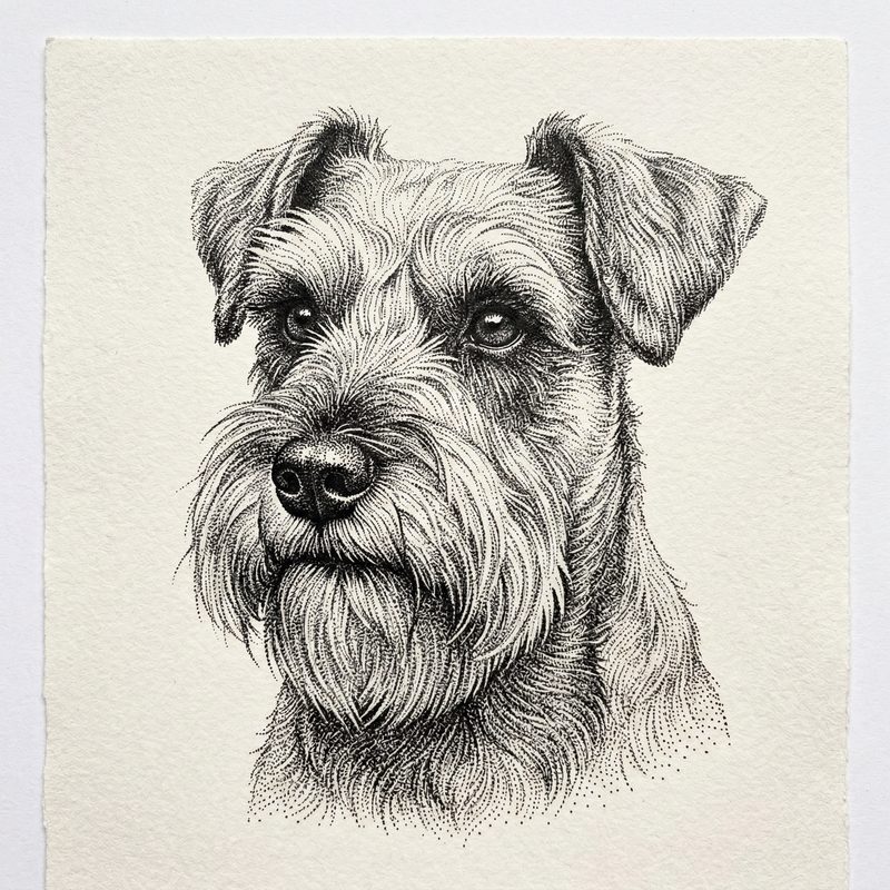Miniature Schnauzer in Stipple Dot Work style — frameless portrait