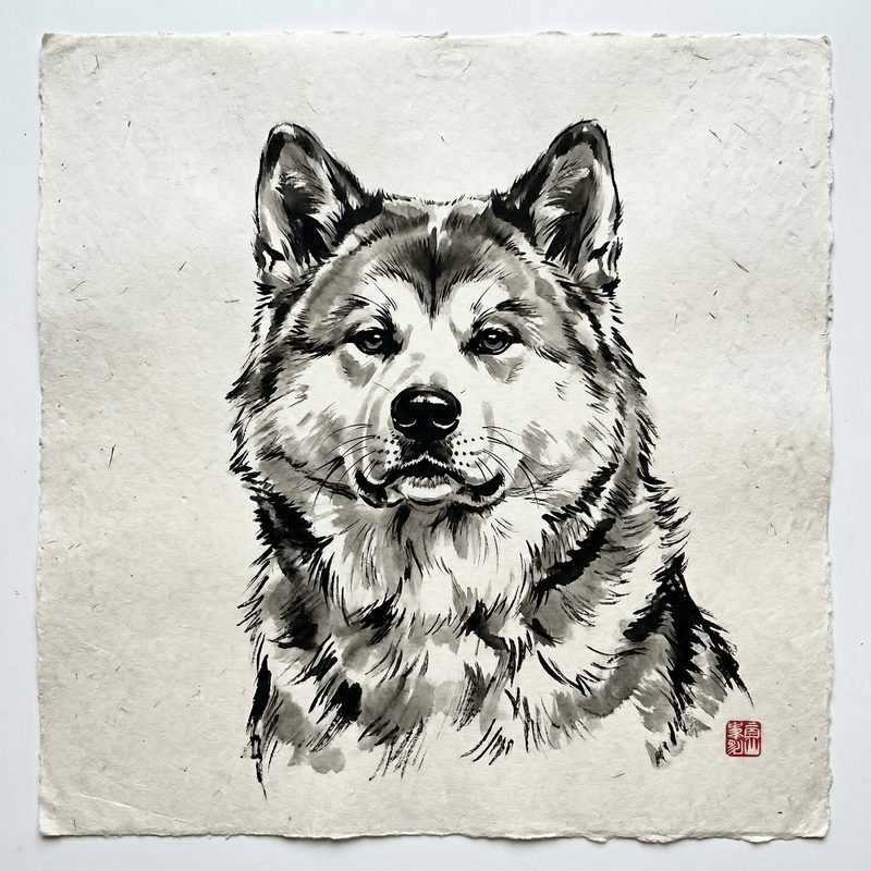 Akita in Sumi-e Ink Wash style — frameless portrait