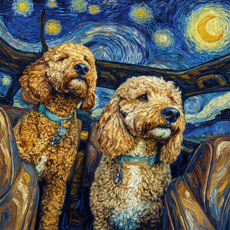 Lenny and Harvey together transformed into a Van Gogh-style oil painting